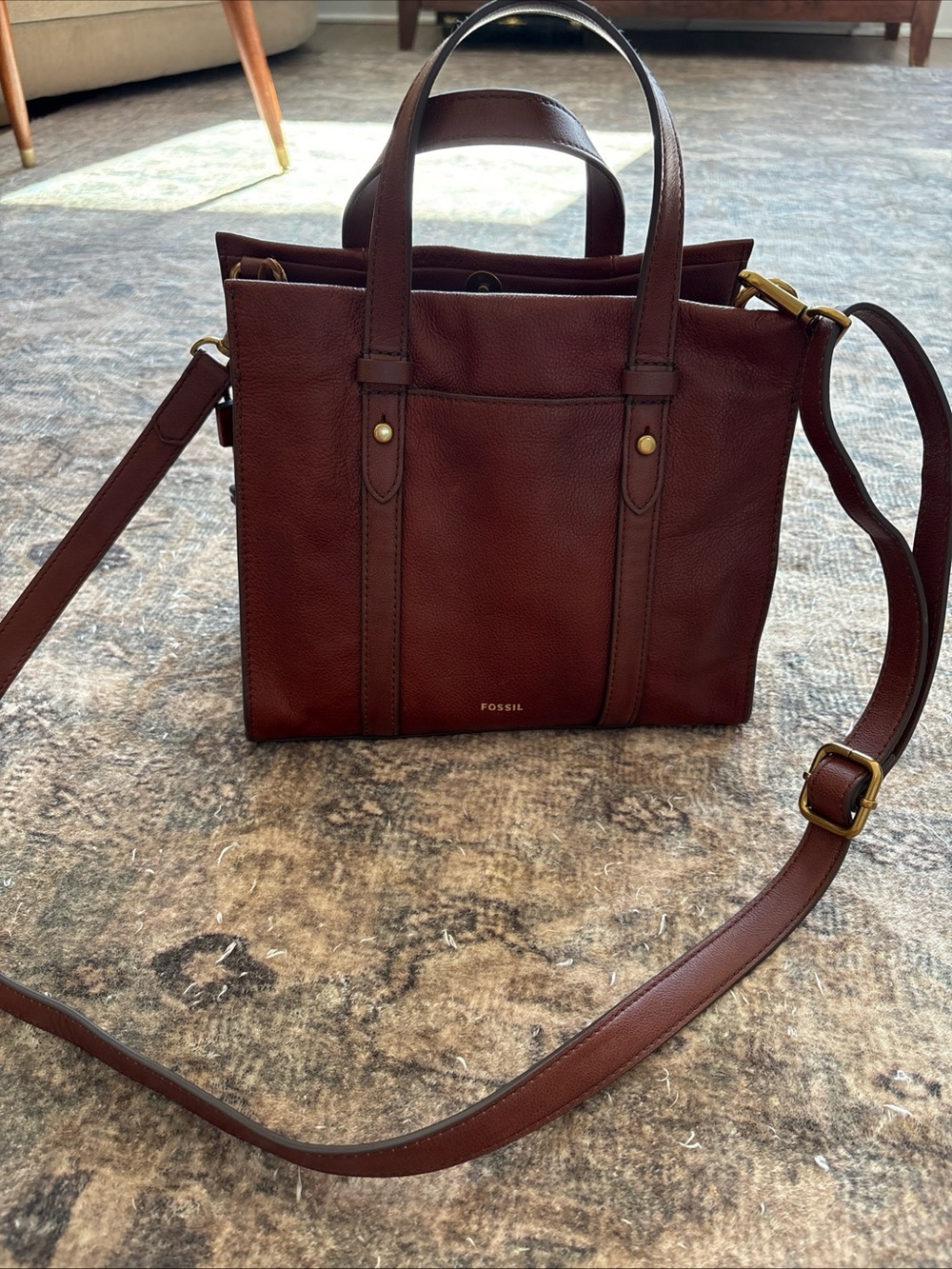 Fossil Kingston Leather Satchel Crossbody Purse Brown Cognac